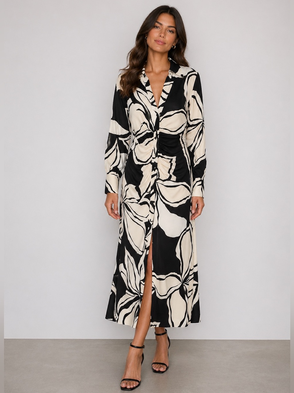 Zara Black and Cream Floral Button-Front Maxi Dress